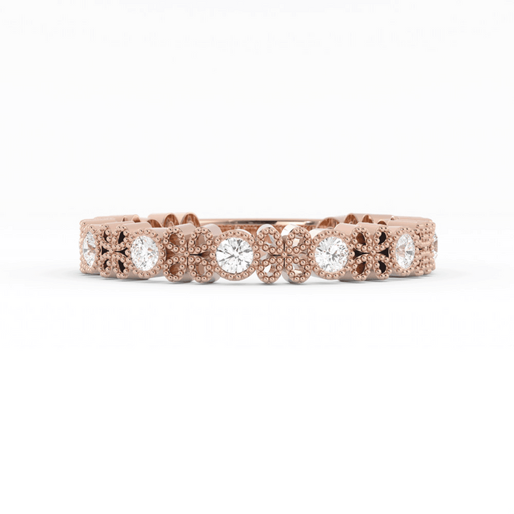10K Rose Gold Round Three Quarter Petal and Milgrain Lab Grown Diamond Wedding Band