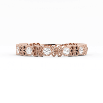 10K Rose Gold Round Three Quarter Petal and Milgrain Natural Diamond Wedding Band