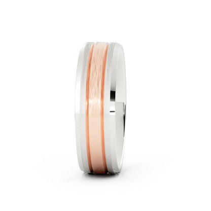 Two-Tone 10K White/Rose Gold Satin Beveled Edge with Two Grooves 6mm Wedding Band