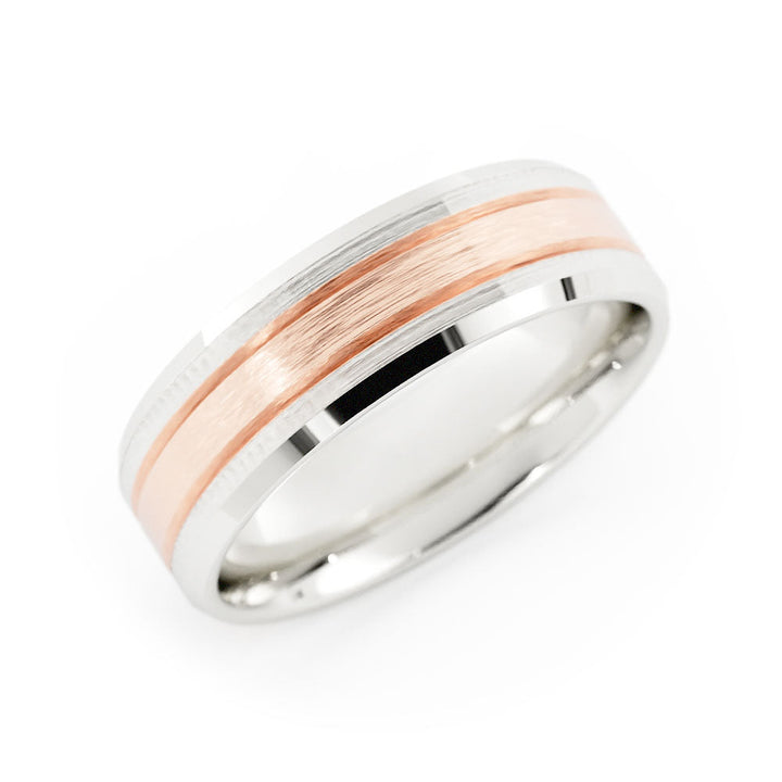 Two-Tone 10K White/Rose Gold Satin Beveled Edge with Two Grooves 6mm Wedding Band