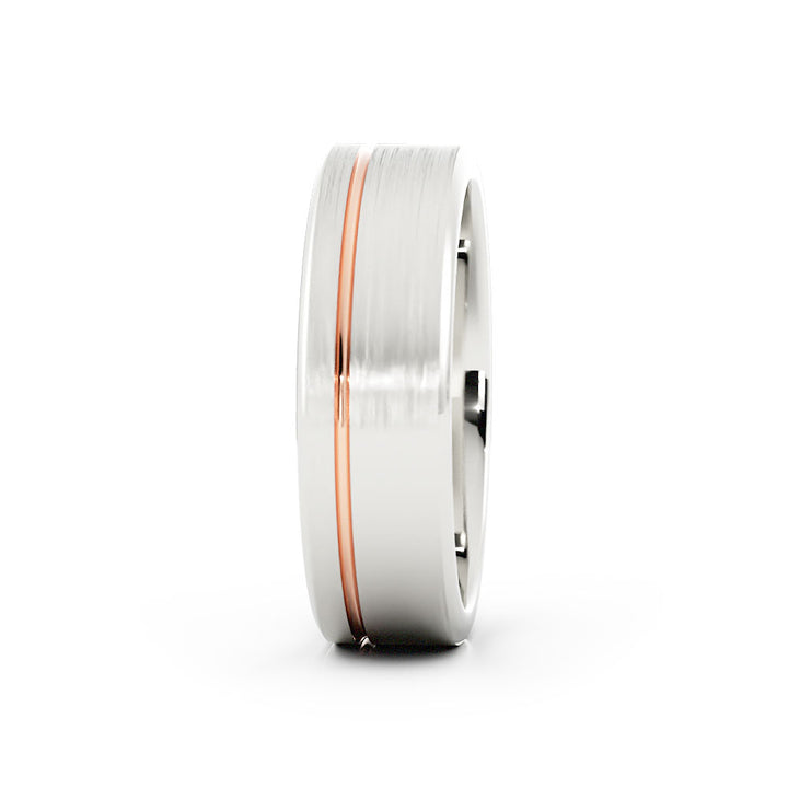 Two-Tone 10K White/Rose Gold Satin Flat Offset Groove 6mm Wedding Band
