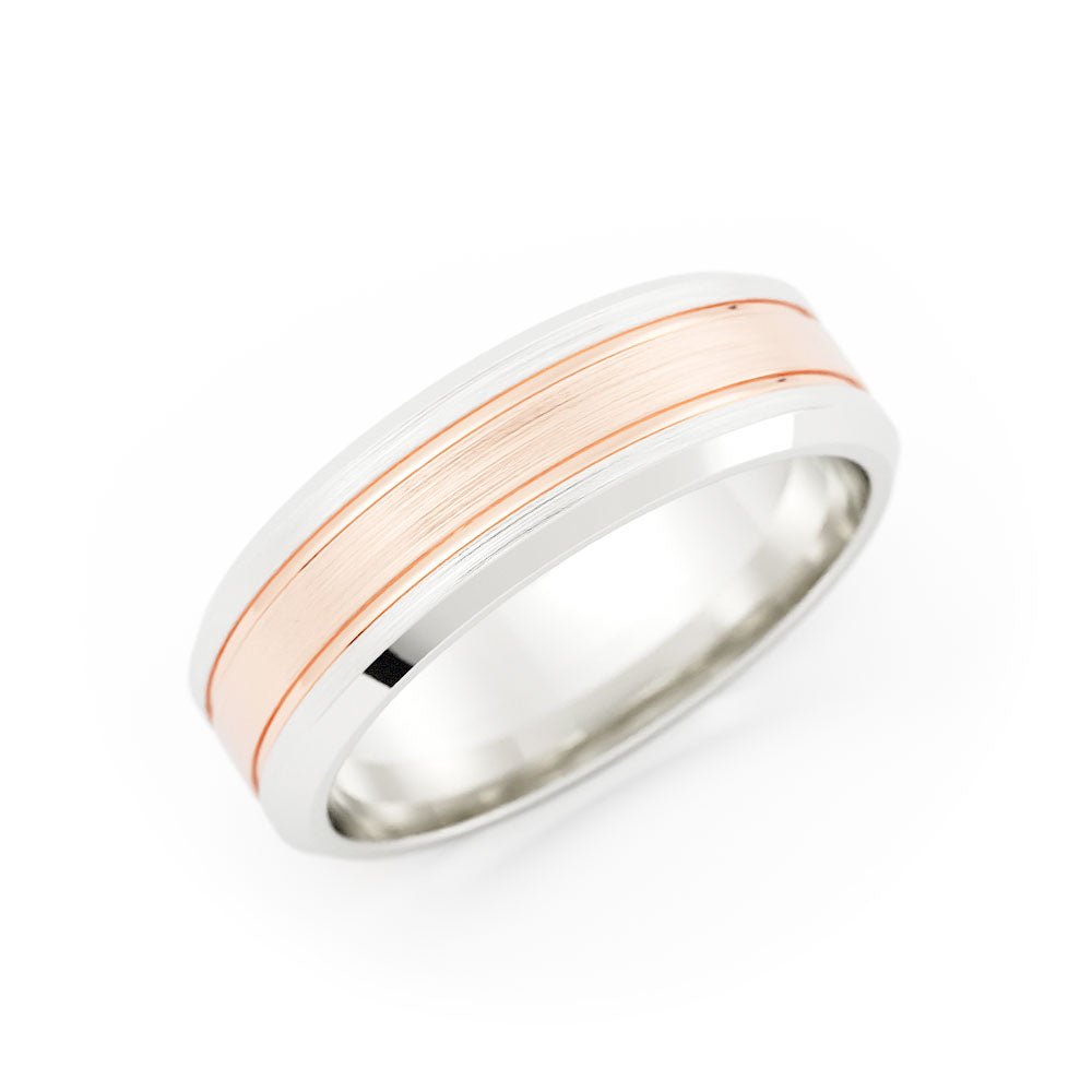 Two-Tone 10K White/Rose Gold Satin Double Groove with Beveled Edge 6mm Wedding Band