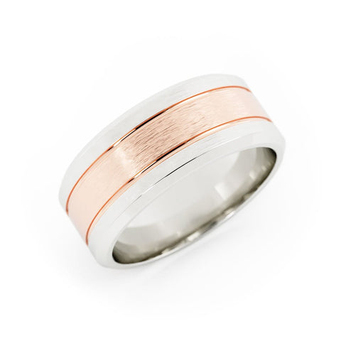 Two-Tone 10K White/Rose Gold Satin Double Groove with Beveled Edge 8mm Wedding Band