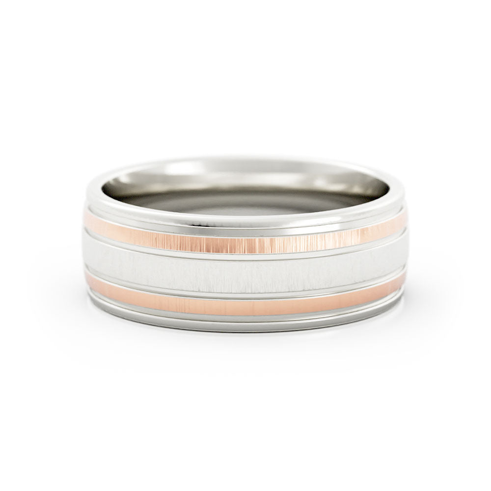 Two-Tone 10K White/Rose Gold Vertical Brush Double Inside Groove 7mm Wedding Band