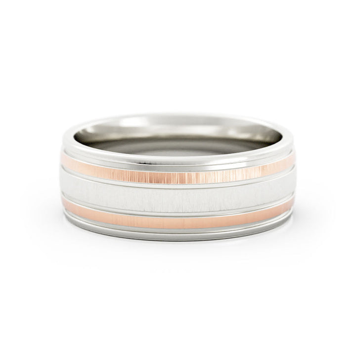 Two-Tone 10K White/Rose Gold Vertical Brush Double Inside Groove 7mm Wedding Band
