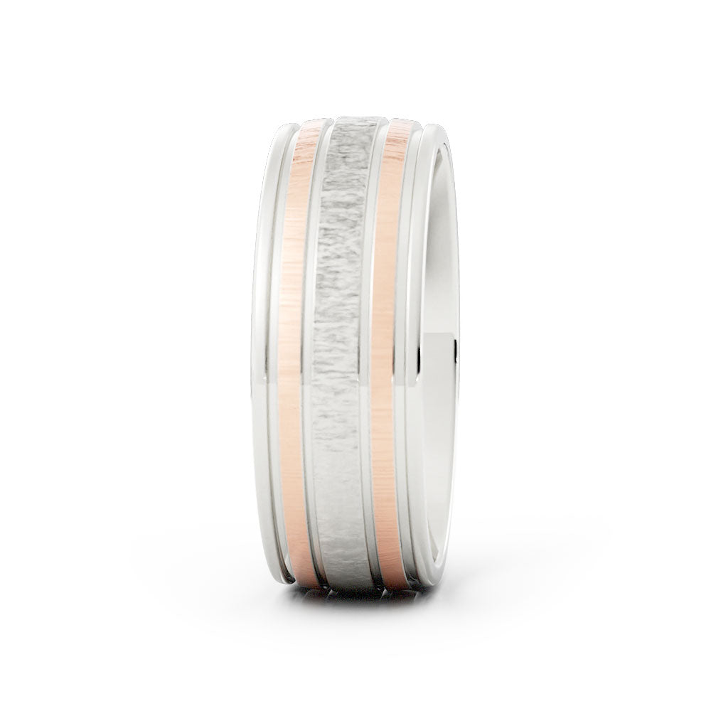 Two-Tone 10K White/Rose Gold Vertical Brush Double Inside Groove 7mm Wedding Band