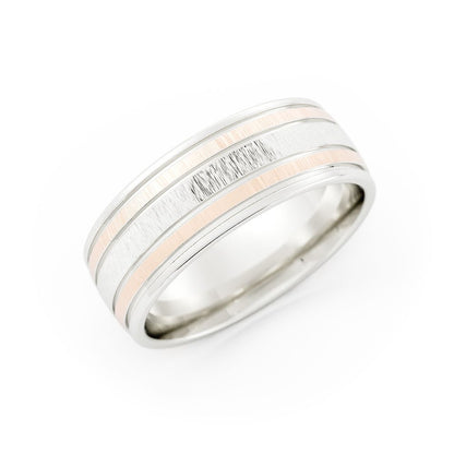 Two-Tone 10K White/Rose Gold Vertical Brush Double Inside Groove 7mm Wedding Band