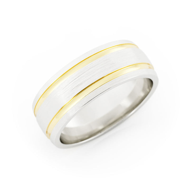 Two-Tone 10K White/Yellow Gold Satin Double Outside Groove 7mm Wedding Band