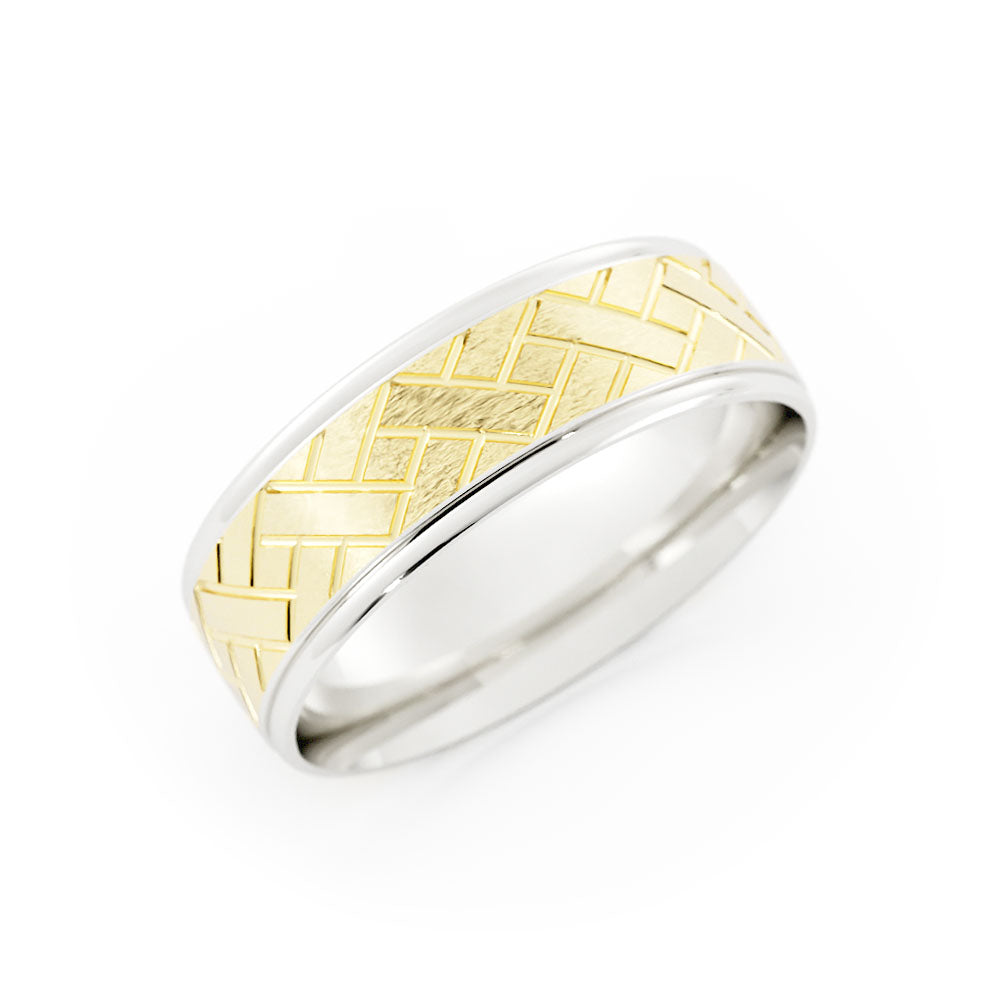 Two-Tone 10K White/Yellow Gold Satin Weave Pattern 6mm Wedding Band
