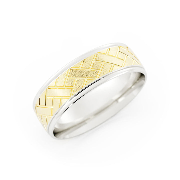 Two-Tone 10K White/Yellow Gold Satin Weave Pattern 6mm Wedding Band