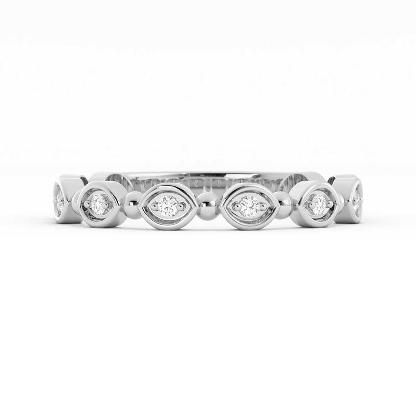 10K White Gold Round Bead and Eyelet Natural Diamond Wedding Band