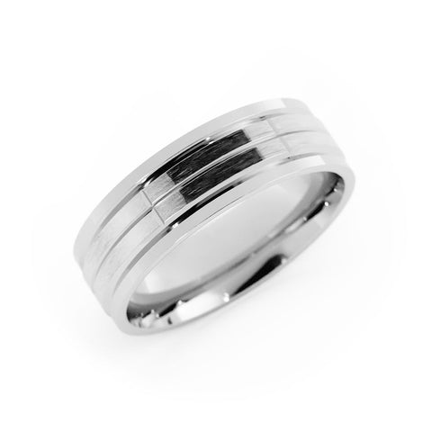 10K White Gold Satin Beveled Pattern with Grooves 6mm Wedding Band