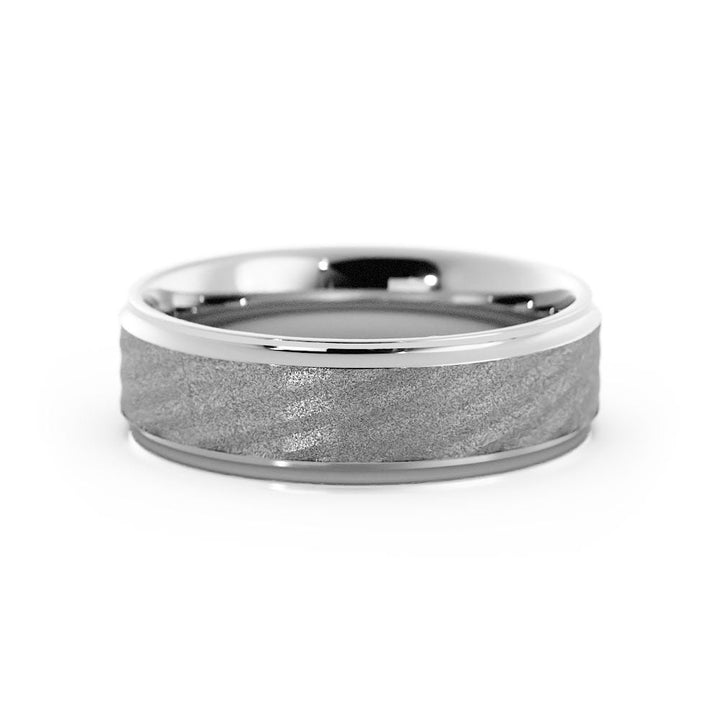 10K White Gold Rugged Sandblast Diagonal Cut Pattern 6mm Wedding Band