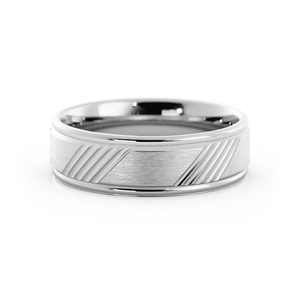 10K White Gold Satin Diagonal Groove 6mm Wedding Band
