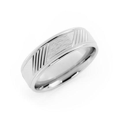 10K White Gold Satin Diagonal Groove 6mm Wedding Band