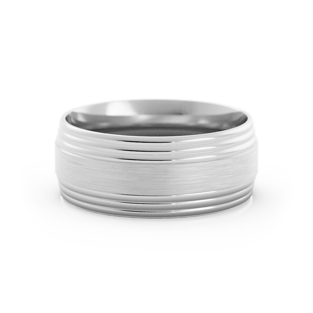 10K White Gold Satin Elevated Center with Double Groove 8mm Wedding Band