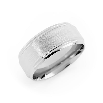 10K White Gold Satin Elevated Center with Two Grooves 8mm Wedding Band