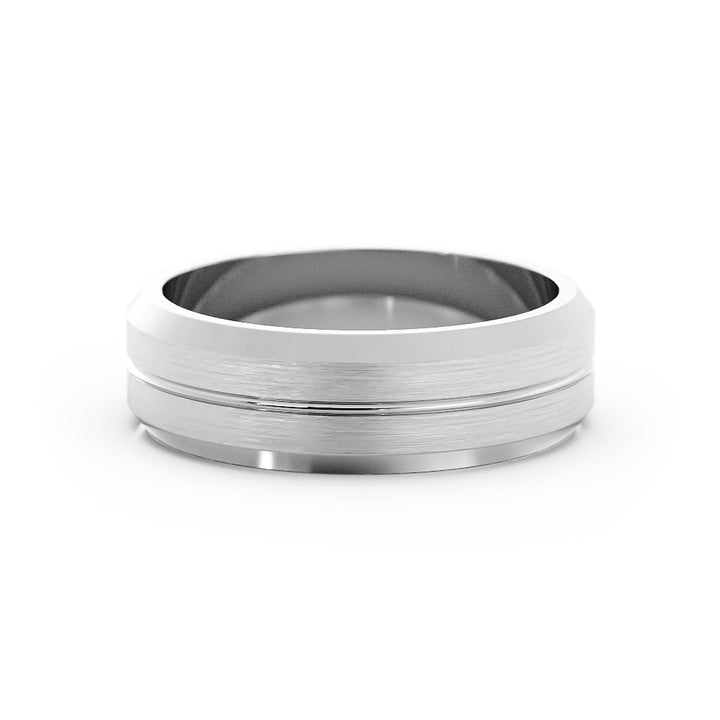 10K White Gold Satin Flat Beveled Edge with Center Groove 6mm Wedding Band