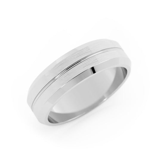 10K White Gold Satin Flat Beveled Edge with Center Groove 6mm Wedding Band
