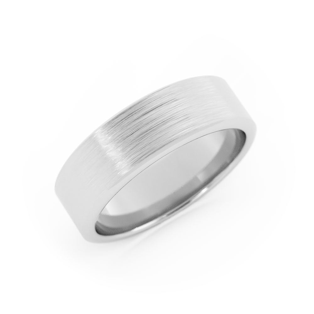 10K White Gold Satin Flat with Slanted Edge 6mm Wedding Band