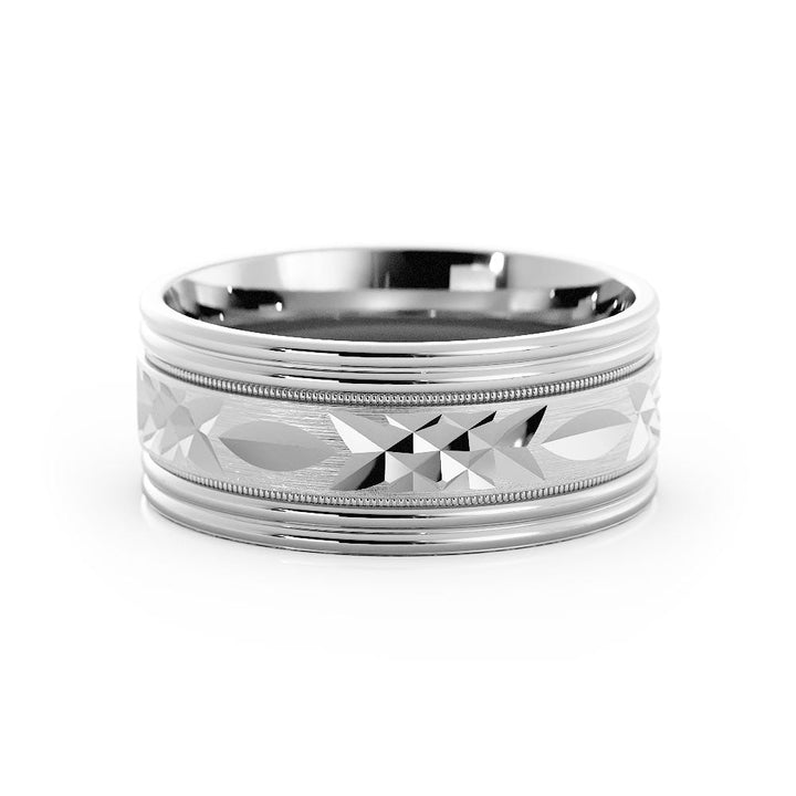 10K White Gold Satin Geometric Pattern 8mm Wedding Band