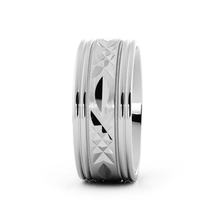 10K White Gold Satin Geometric Pattern 8mm Wedding Band