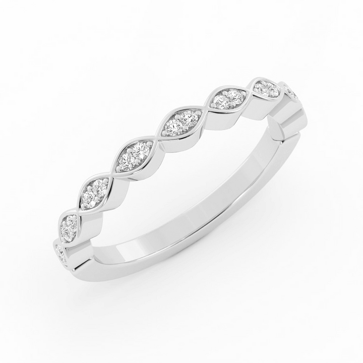 10K White Gold Round Half Shank Eyelet Paired Stone Lab Grown Diamond Wedding Band