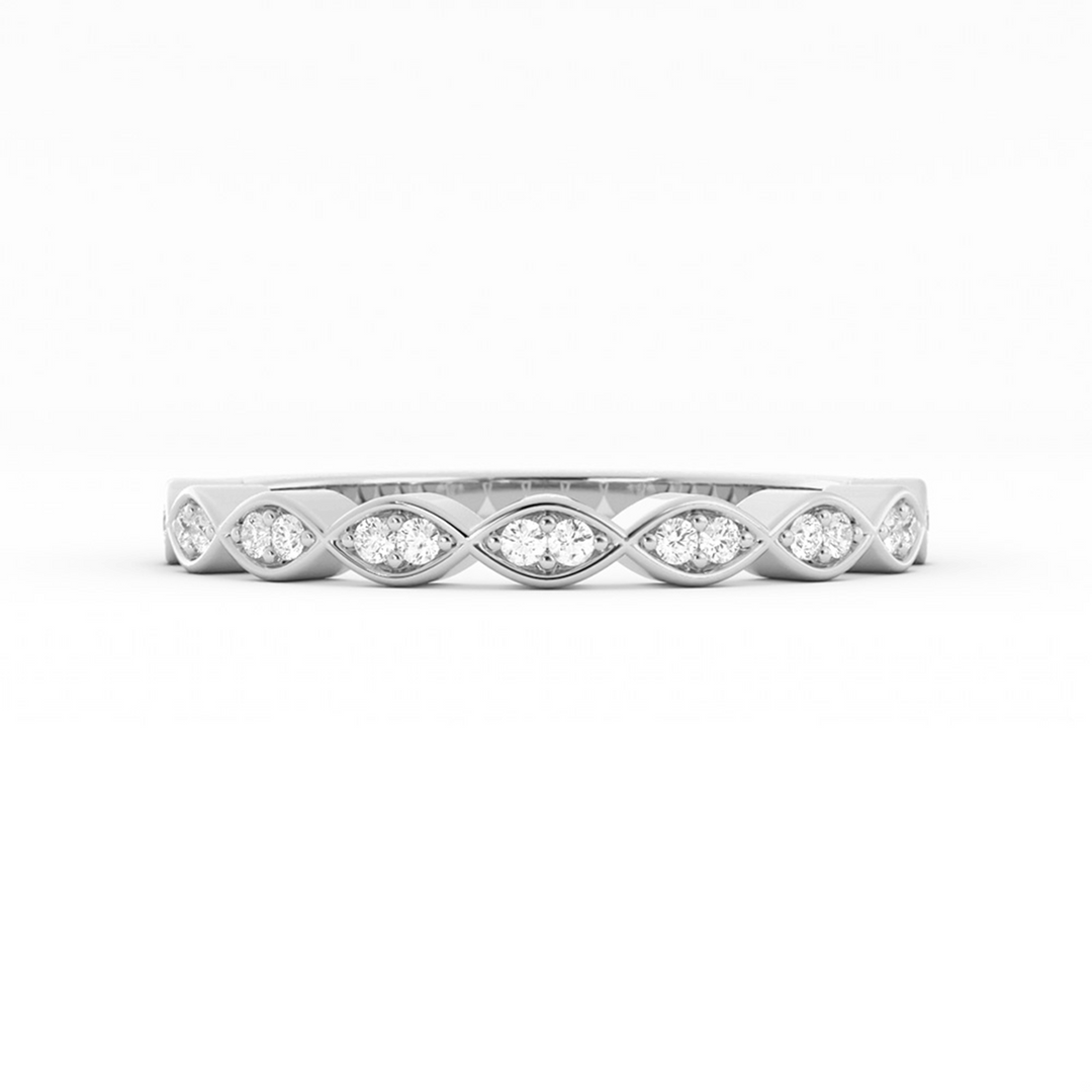 10K White Gold Round Half Shank Eyelet Paired Stone Lab Grown Diamond Wedding Band