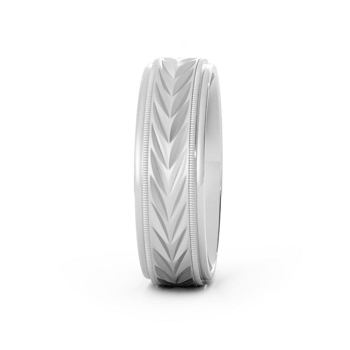 10K White Gold Satin Milgrain Center with V Pattern 6mm Wedding Band
