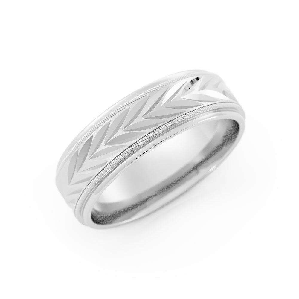10K White Gold Satin Milgrain Center with V Pattern 6mm Wedding Band