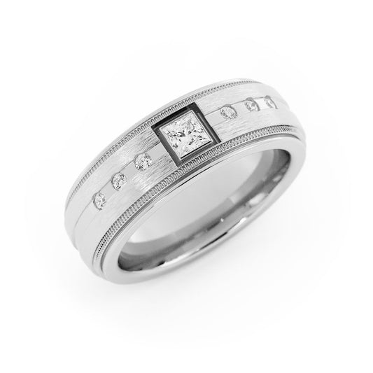 10K White Gold Round Seven Lab Grown Diamond with Milgrain Wedding Band