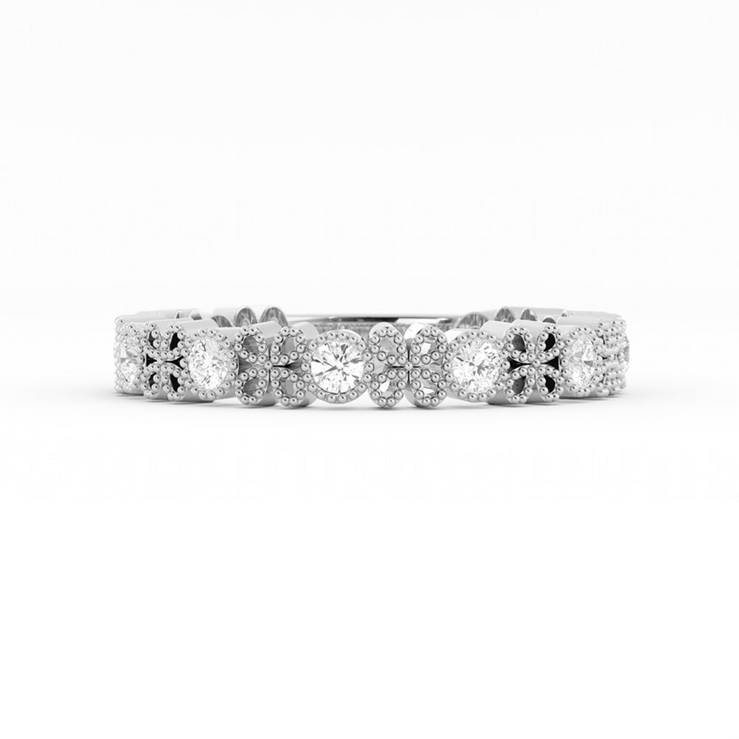 10K White Gold Round Three Quarter Petal and Milgrain Lab Grown Diamond Wedding Band