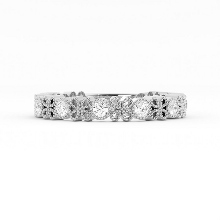 10K White Gold Round Three Quarter Petal and Milgrain Lab Grown Diamond Wedding Band