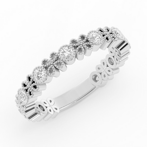 10K White Gold Round Three Quarter Petal and Milgrain Natural Diamond Wedding Band