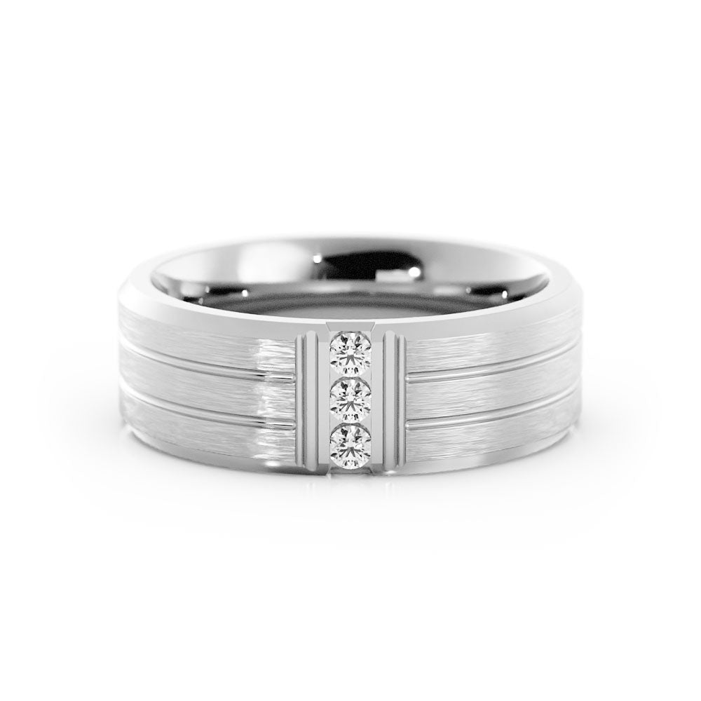 10K White Gold Round Triple Lab Grown Diamond with Double Groove Wedding Band