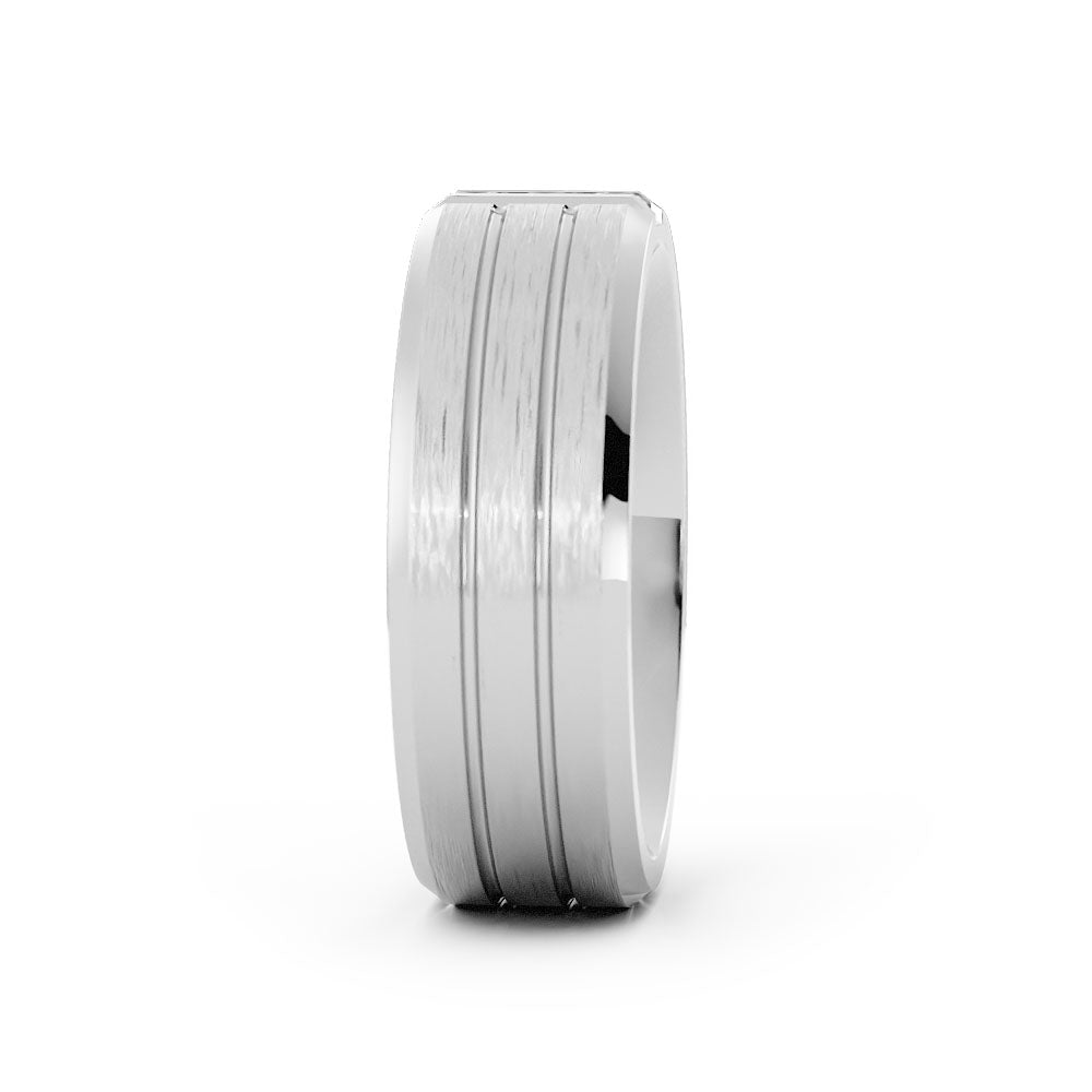 10K White Gold Round Triple Lab Grown Diamond with Double Groove Wedding Band