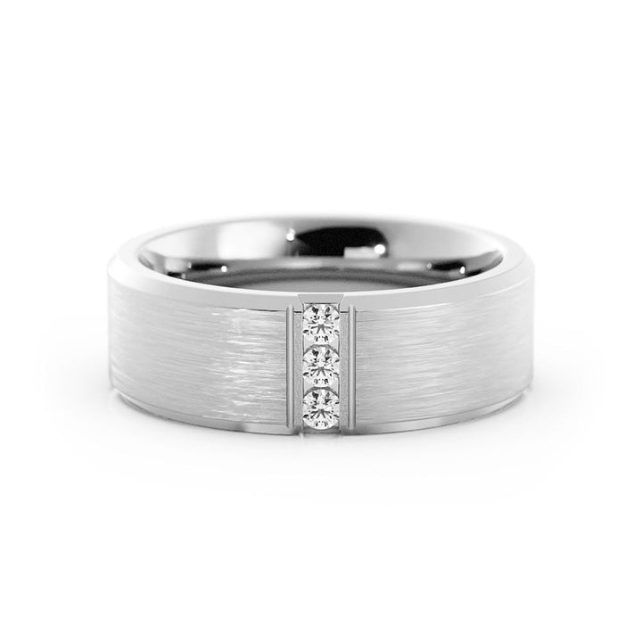 10K White Gold Round Triple Lab Grown Diamond with Slanted Edge Wedding Band