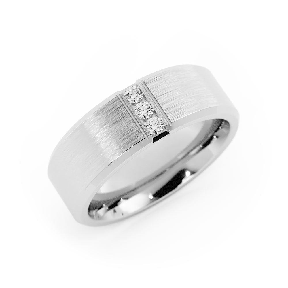 10K White Gold Round Triple Lab Grown Diamond with Slanted Edge Wedding Band