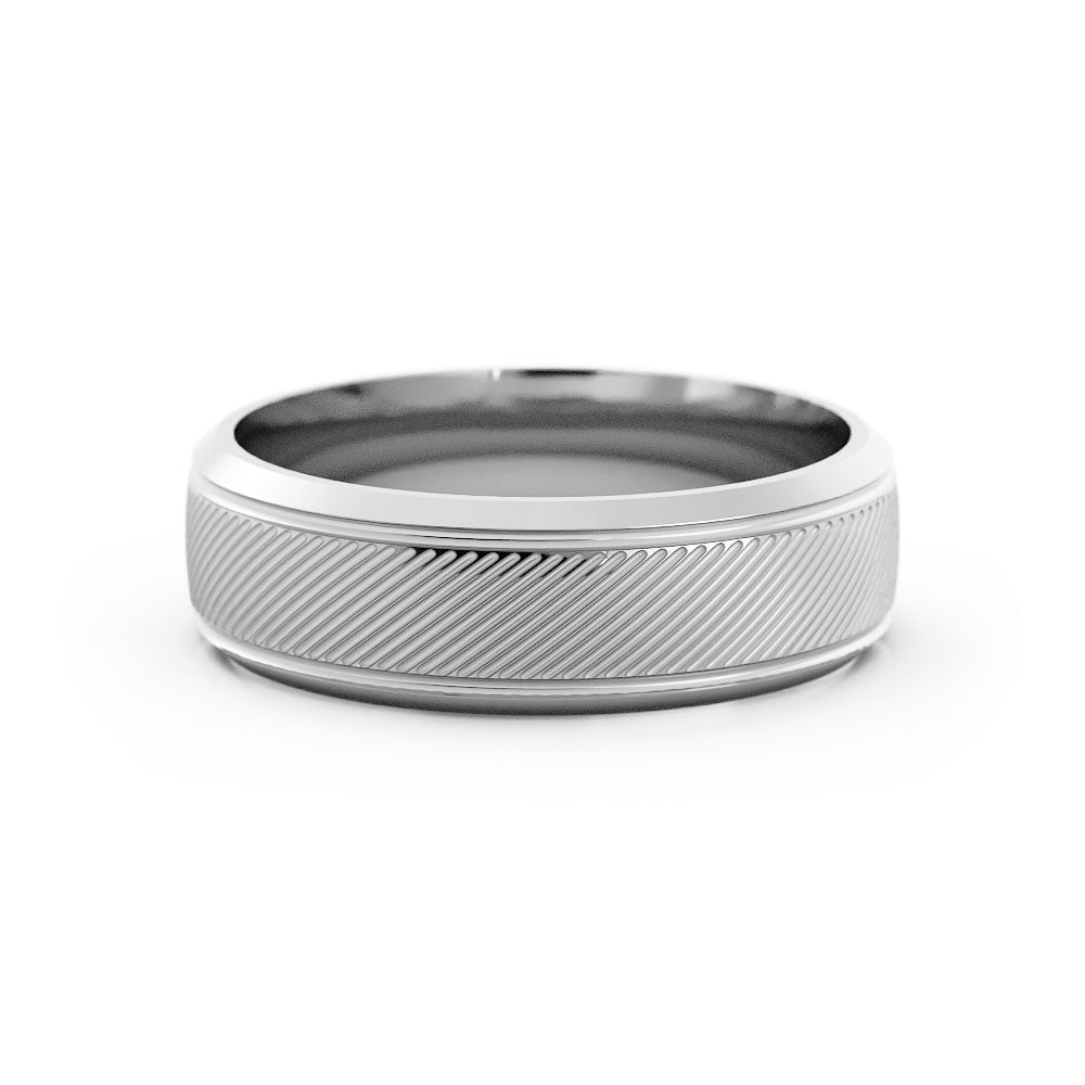 10K White Gold High Polish Two Groove with Diagonal Lines 6mm Wedding Band