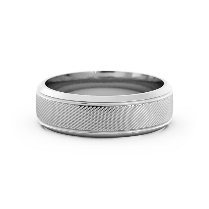 10K White Gold High Polish Two Groove with Diagonal Lines 6mm Wedding Band