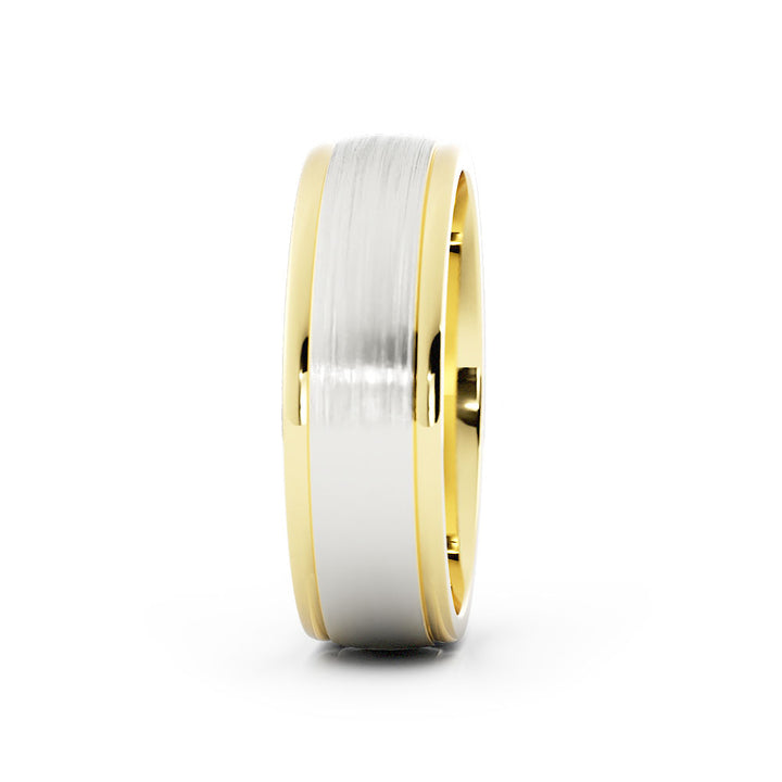 Two-Tone 10K Yellow/White Gold Satin Elevated Center 6mm Wedding Band