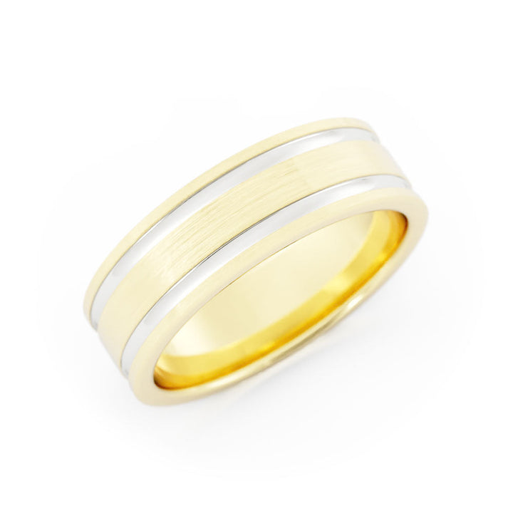 Two-Tone 10K Yellow/White Gold Satin Double Outside Groove 6mm Wedding Band