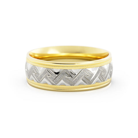 Two-Tone 10K Yellow/White Gold Rugged Sandblast Milgrain Edge with Weave Pattern 7mm Wedding Band