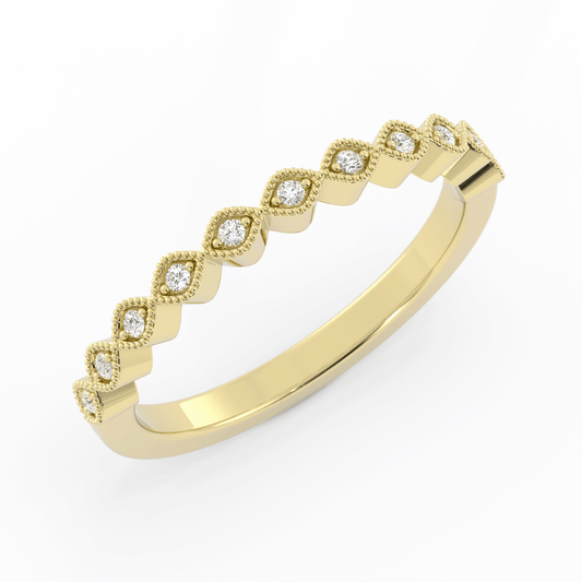 10K Yellow Gold Round Half Shank Eyelet Milgrain Lab Grown Diamond Wedding Band