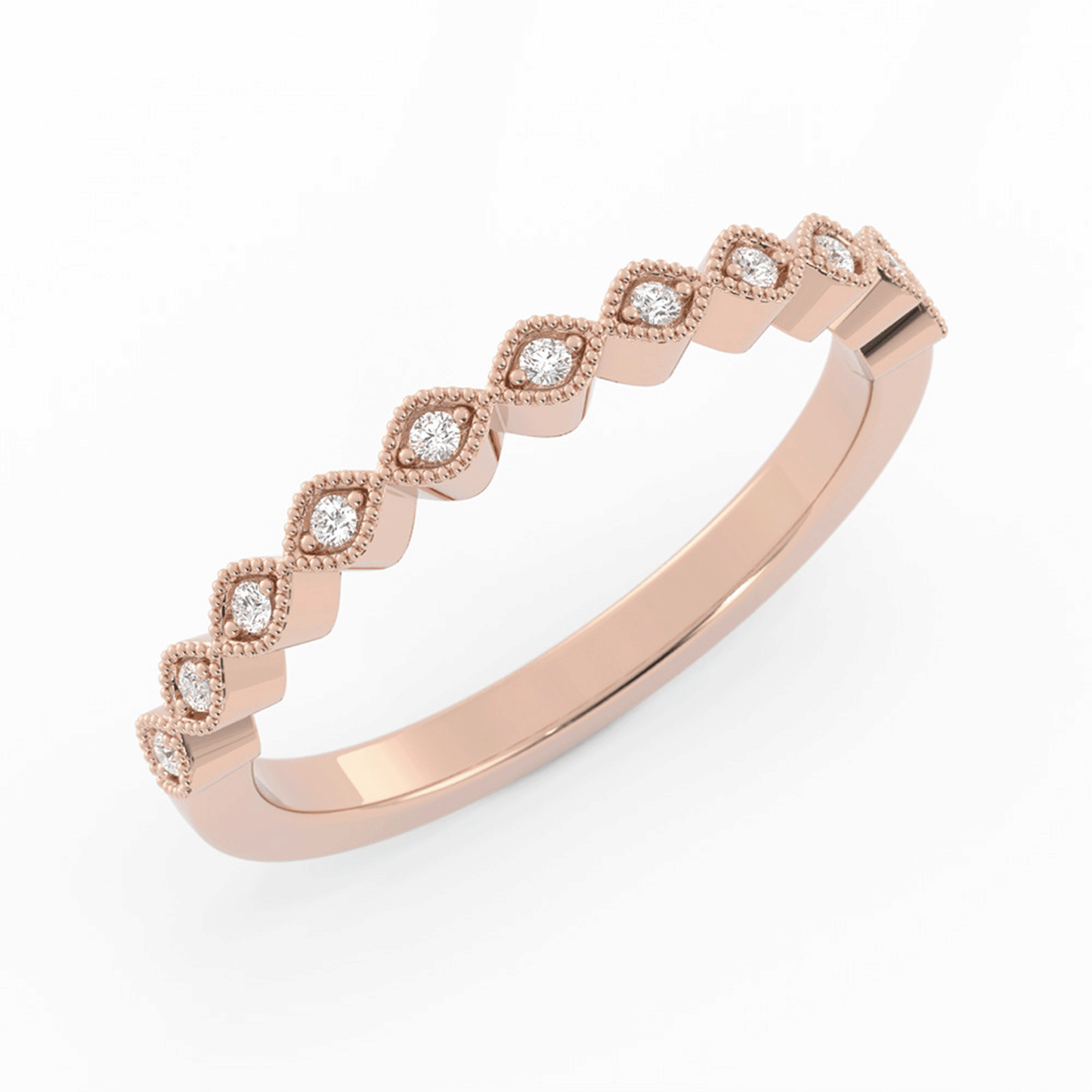 14K Rose Gold Round Half Shank Eyelet Milgrain Lab Grown Diamond Wedding Band