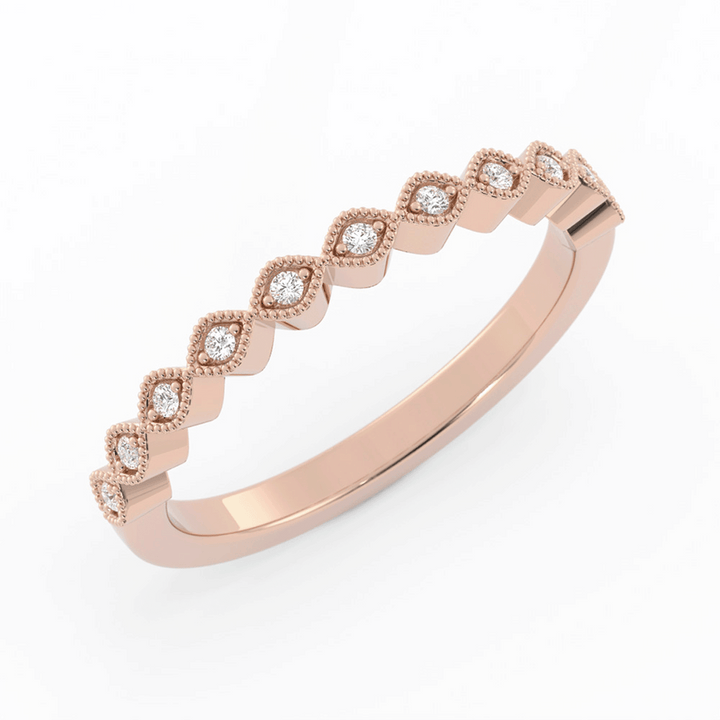 14K Rose Gold Round Half Shank Eyelet Milgrain Lab Grown Diamond Wedding Band