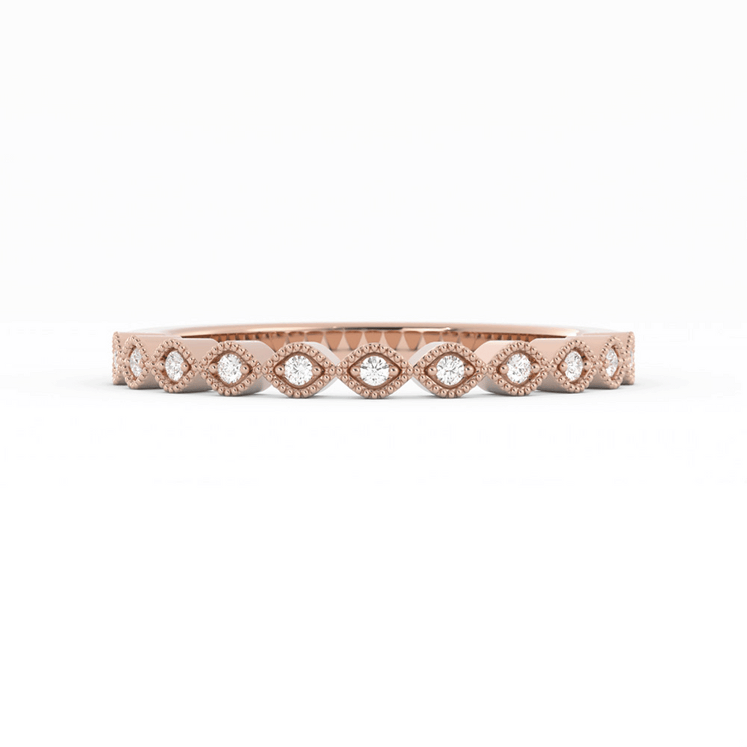 14K Rose Gold Round Half Shank Eyelet Milgrain Lab Grown Diamond Wedding Band
