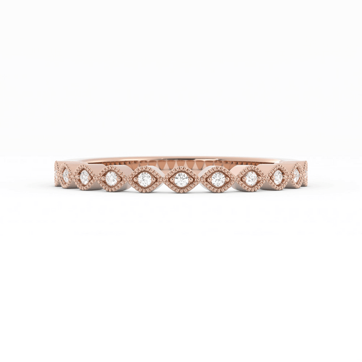 14K Rose Gold Round Half Shank Eyelet Milgrain Lab Grown Diamond Wedding Band