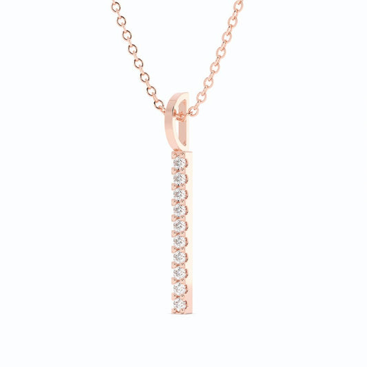 14K Rose Gold Round Natural Diamond Vertical Bar Pendant Necklace