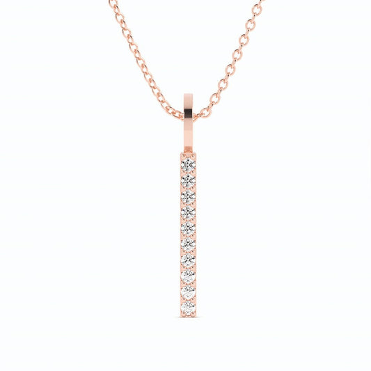 14K Rose Gold Round Natural Diamond Vertical Bar Pendant Necklace